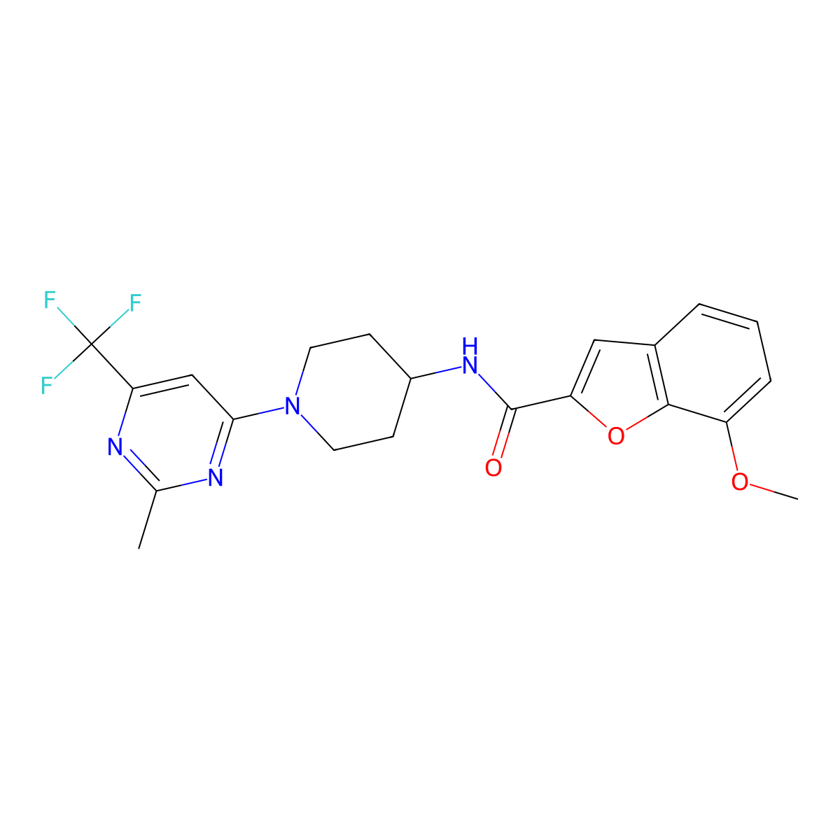 7-methoxy-N-(1-(2-methyl-6-(trifluoromethyl)pyrimidin-4-yl)piperidin-4-yl)benzofuran-2-carboxamide molecular structure, CAS 2034259-60-2