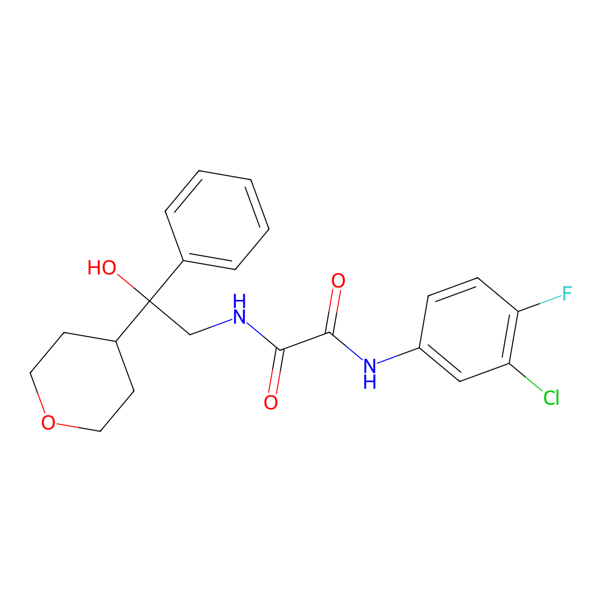 N1-(3-chloro-4-fluorophenyl)-N2-(2-hydroxy-2-phenyl-2-(tetrahydro-2H-pyran-4-yl)ethyl)oxalamide molecular structure, CAS 2034259-63-5