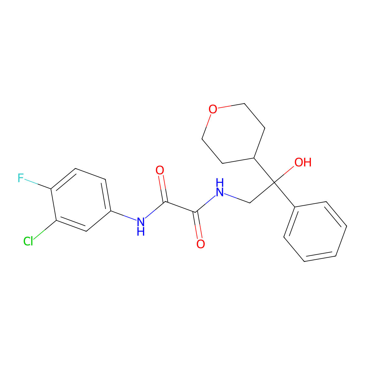N1-(3-chloro-4-fluorophenyl)-N2-(2-hydroxy-2-phenyl-2-(tetrahydro-2H-pyran-4-yl)ethyl)oxalamide molecular structure, CAS 2034259-63-5