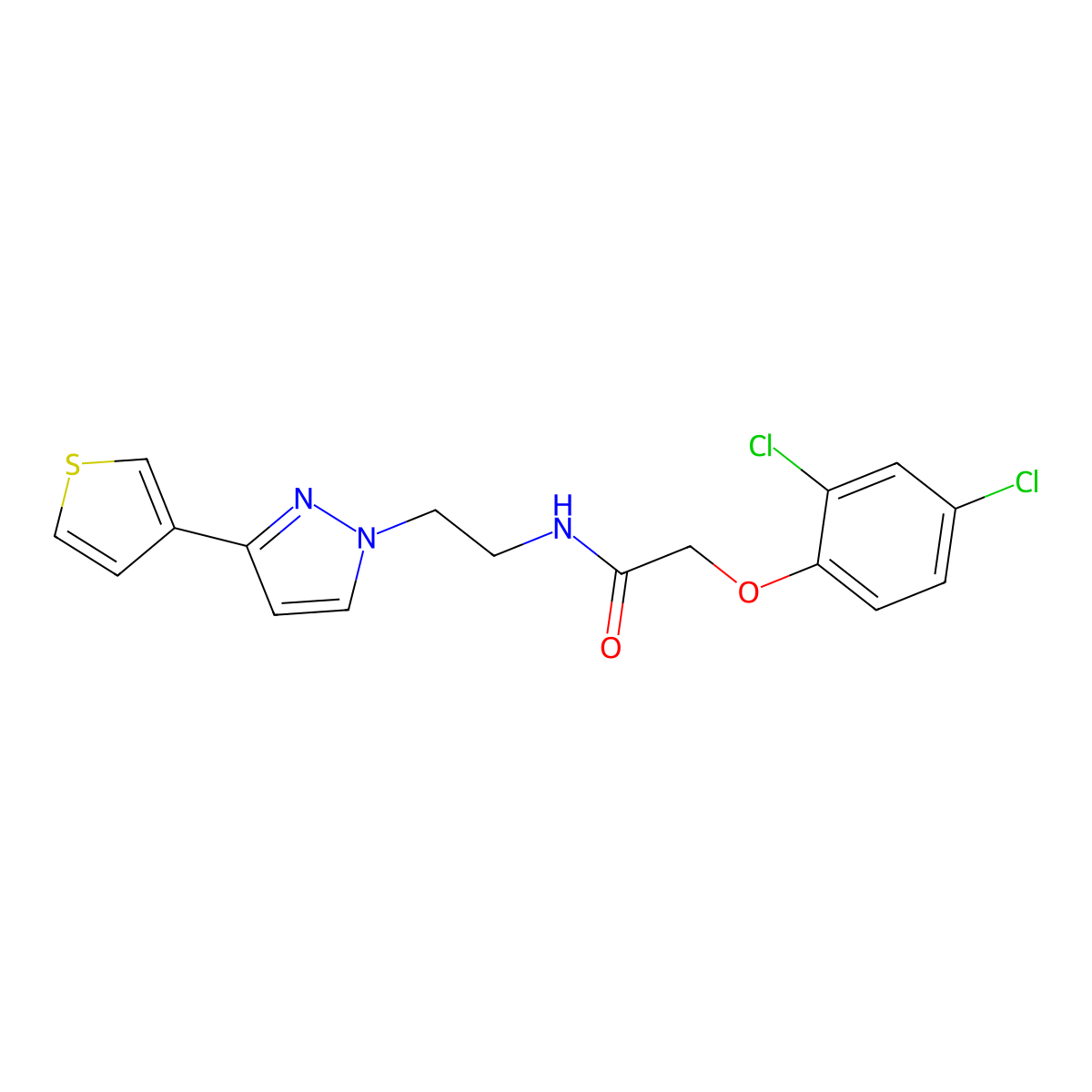 2-(2,4-dichlorophenoxy)-N-(2-(3-(thiophen-3-yl)-1H-pyrazol-1-yl)ethyl)acetamide molecular structure, CAS 2034259-64-6