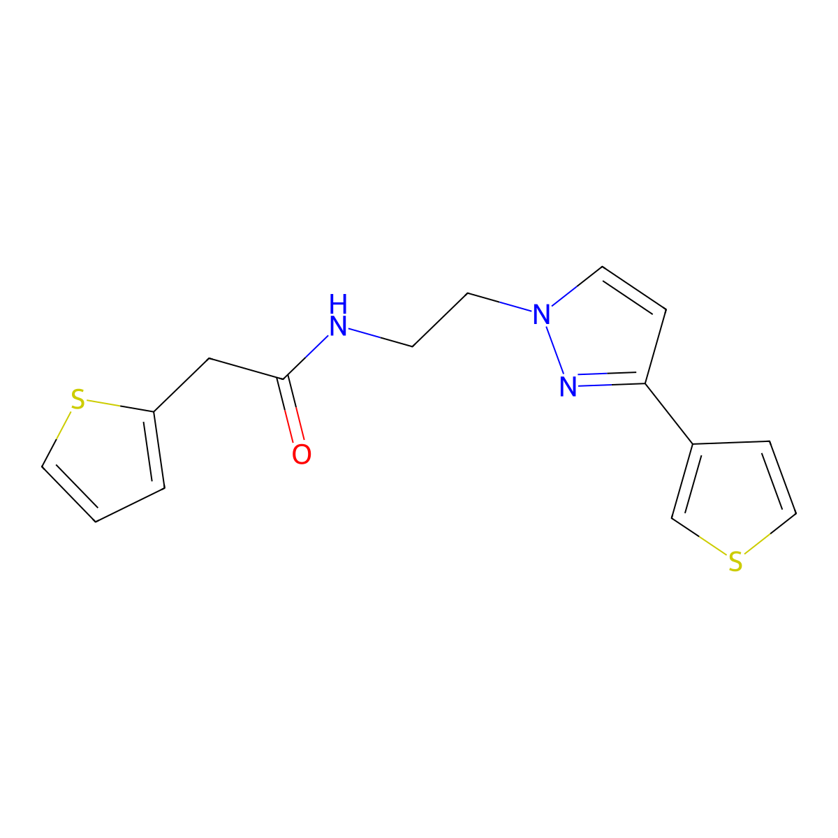 2-(thiophen-2-yl)-N-(2-(3-(thiophen-3-yl)-1H-pyrazol-1-yl)ethyl)acetamide molecular structure, CAS 2034259-70-4