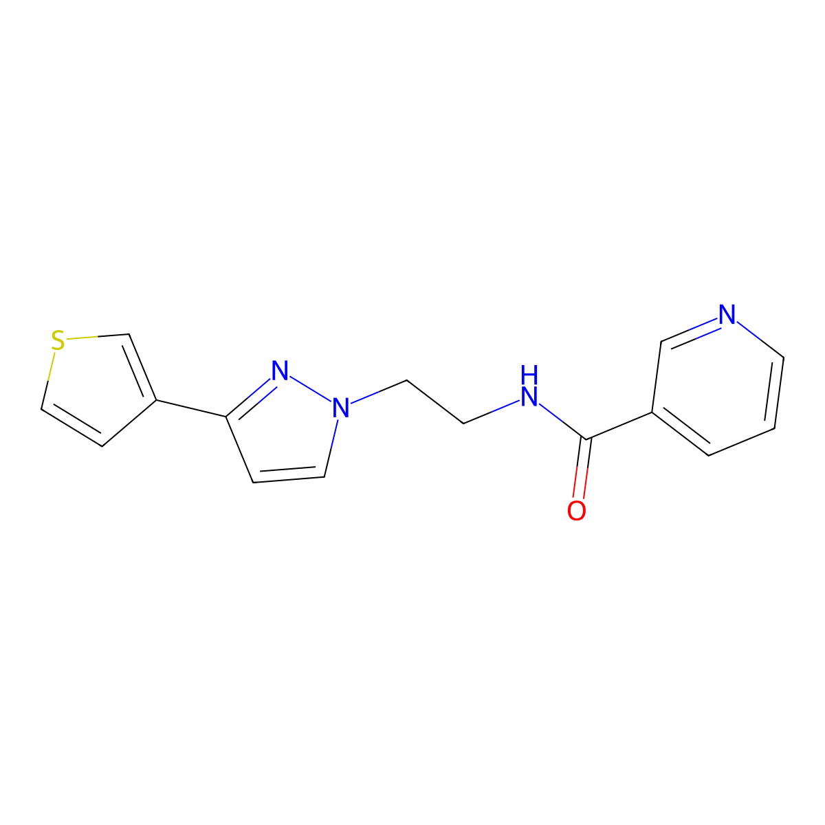 N-(2-(3-(thiophen-3-yl)-1H-pyrazol-1-yl)ethyl)nicotinamide molecular structure, CAS 2034259-75-9