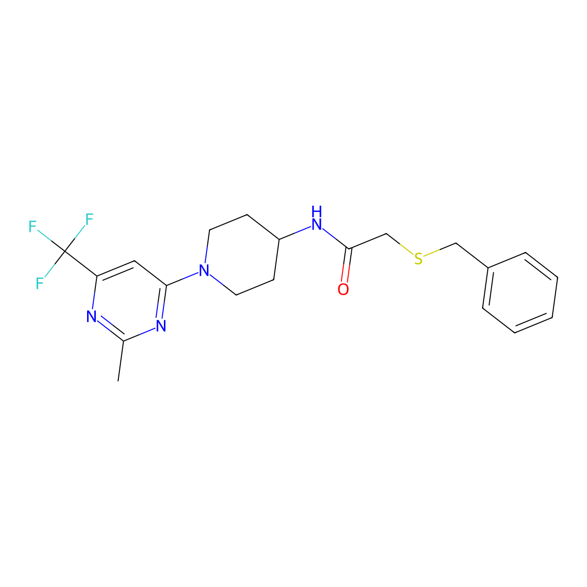 2-(benzylthio)-N-(1-(2-methyl-6-(trifluoromethyl)pyrimidin-4-yl)piperidin-4-yl)acetamide molecular structure, CAS 2034259-77-1