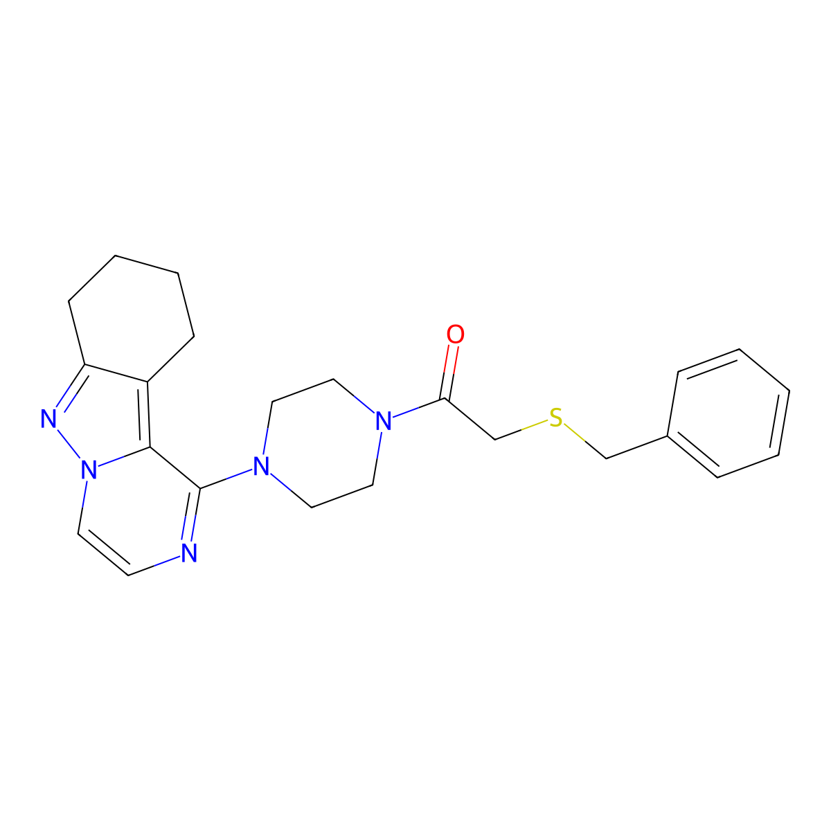 2-(Benzylthio)-1-(4-(7,8,9,10-tetrahydropyrazino[1,2-b]indazol-1-yl)piperazin-1-yl)ethanone molecular structure, CAS 2034259-83-9