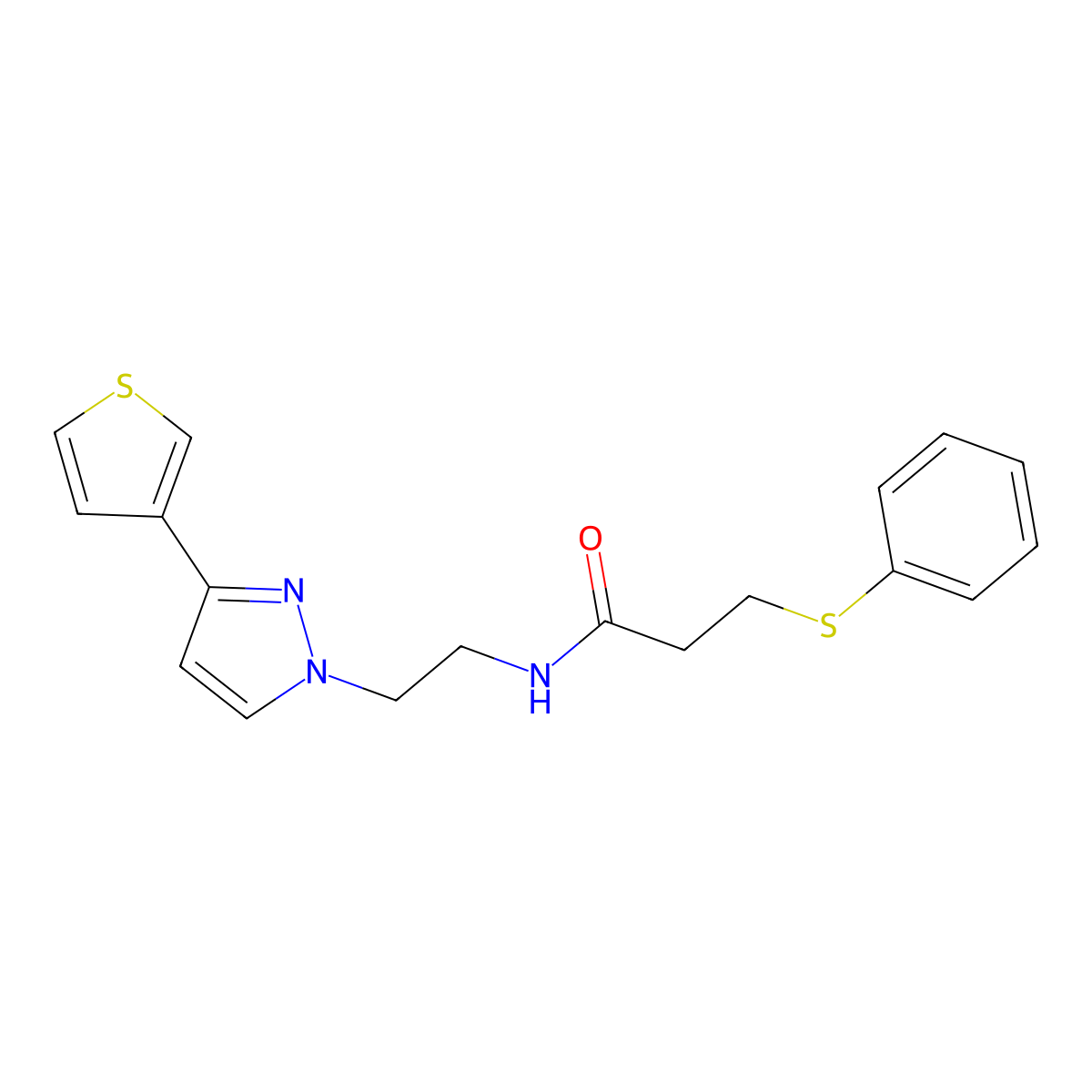 3-(phenylthio)-N-(2-(3-(thiophen-3-yl)-1H-pyrazol-1-yl)ethyl)propanamide molecular structure, CAS 2034259-84-0