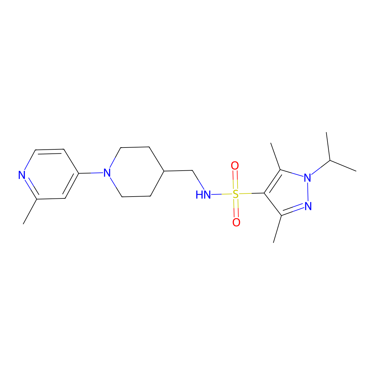 1-isopropyl-3,5-dimethyl-N-((1-(2-methylpyridin-4-yl)piperidin-4-yl)methyl)-1H-pyrazole-4-sulfonamide molecular structure, CAS 2034259-88-4