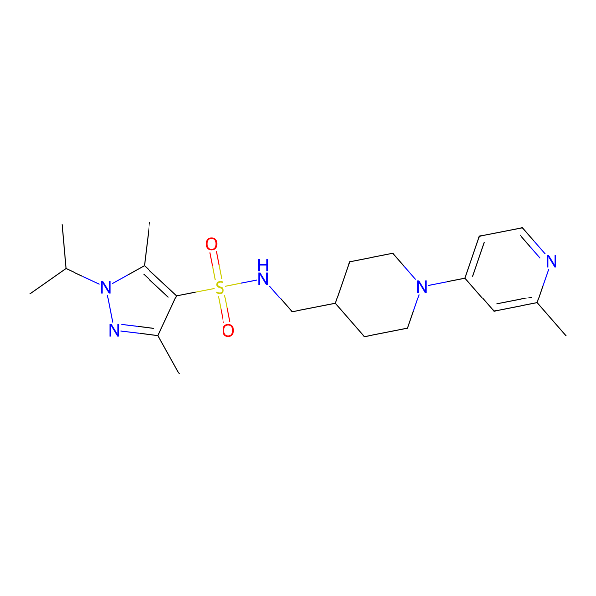 1-isopropyl-3,5-dimethyl-N-((1-(2-methylpyridin-4-yl)piperidin-4-yl)methyl)-1H-pyrazole-4-sulfonamide molecular structure, CAS 2034259-88-4
