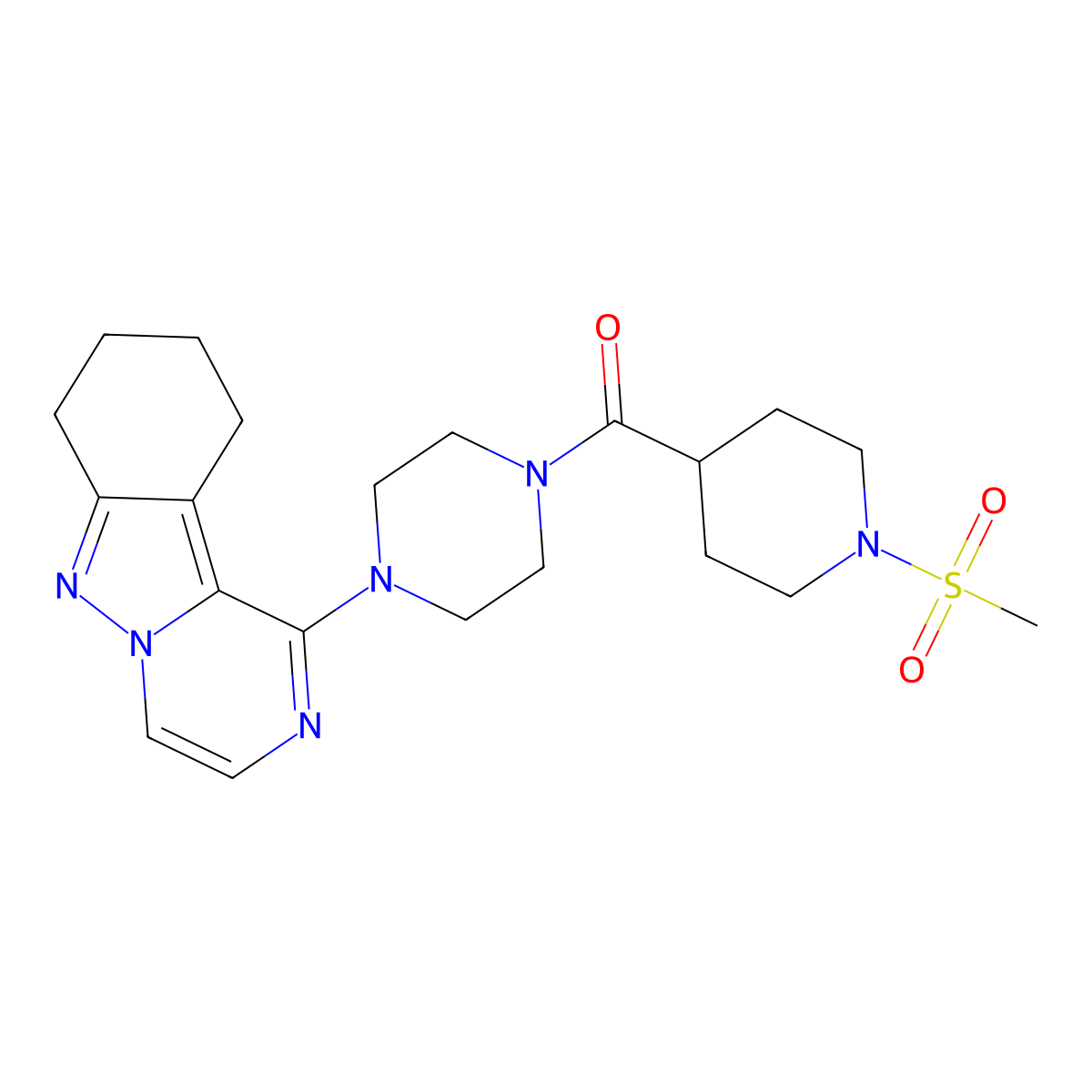 (1-(Methylsulfonyl)piperidin-4-yl)(4-(7,8,9,10-tetrahydropyrazino[1,2-b]indazol-1-yl)piperazin-1-yl)methanone molecular structure, CAS 2034259-89-5