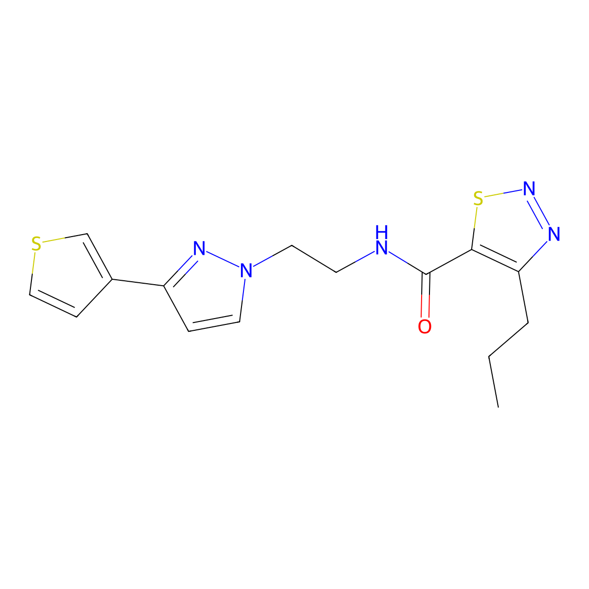 4-propyl-N-{2-[3-(thiophen-3-yl)-1H-pyrazol-1-yl]ethyl}-1,2,3-thiadiazole-5-carboxamide molecular structure, CAS 2034259-92-0