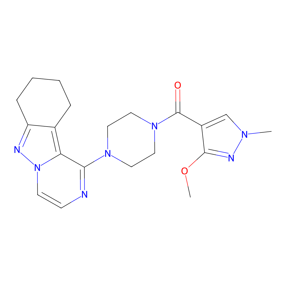 (3-methoxy-1-methyl-1H-pyrazol-4-yl)(4-(7,8,9,10-tetrahydropyrazino[1,2-b]indazol-1-yl)piperazin-1-yl)methanone molecular structure, CAS 2034259-95-3