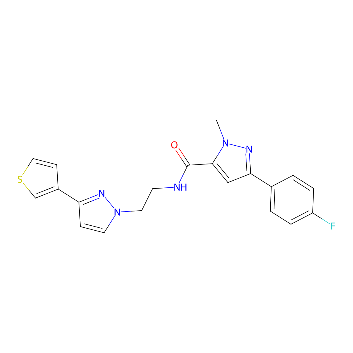 3-(4-fluorophenyl)-1-methyl-N-{2-[3-(thiophen-3-yl)-1H-pyrazol-1-yl]ethyl}-1H-pyrazole-5-carboxamide molecular structure, CAS 2034259-97-5