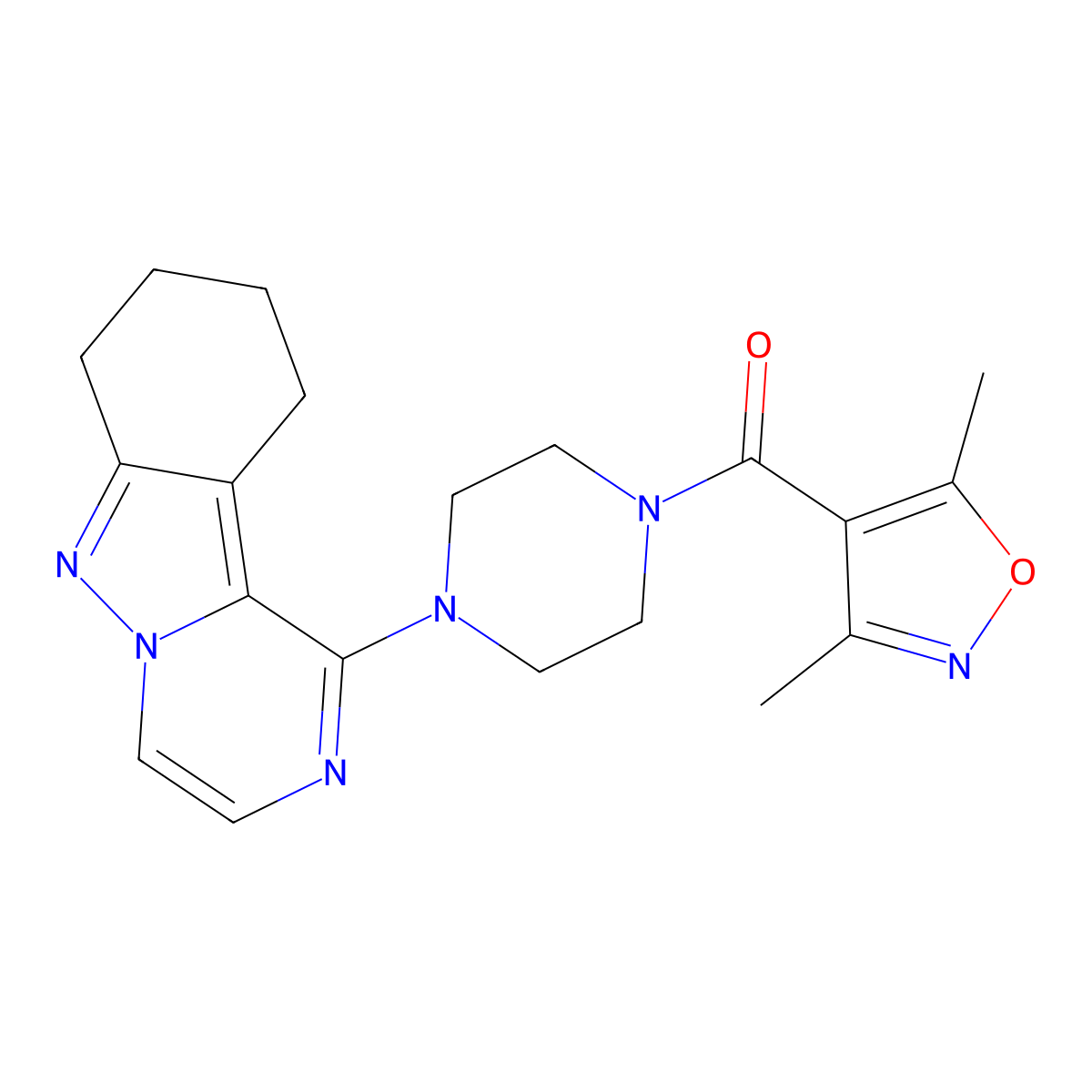 (3,5-Dimethylisoxazol-4-yl)(4-(7,8,9,10-tetrahydropyrazino[1,2-b]indazol-1-yl)piperazin-1-yl)methanone molecular structure, CAS 2034259-98-6