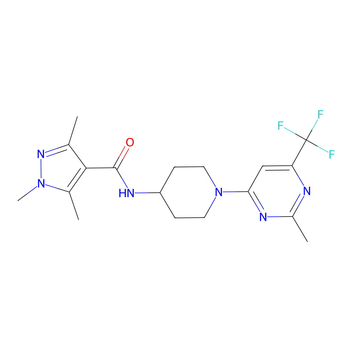 1,3,5-trimethyl-N-{1-[2-methyl-6-(trifluoromethyl)pyrimidin-4-yl]piperidin-4-yl}-1H-pyrazole-4-carboxamide molecular structure, CAS 2034260-00-7
