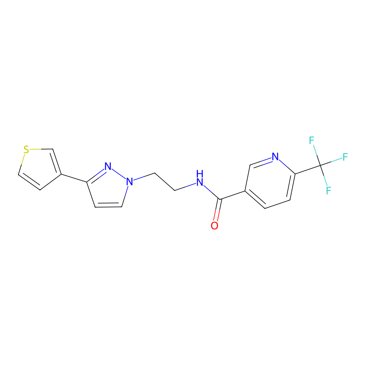 N-(2-(3-(thiophen-3-yl)-1H-pyrazol-1-yl)ethyl)-6-(trifluoromethyl)nicotinamide molecular structure, CAS 2034260-04-1