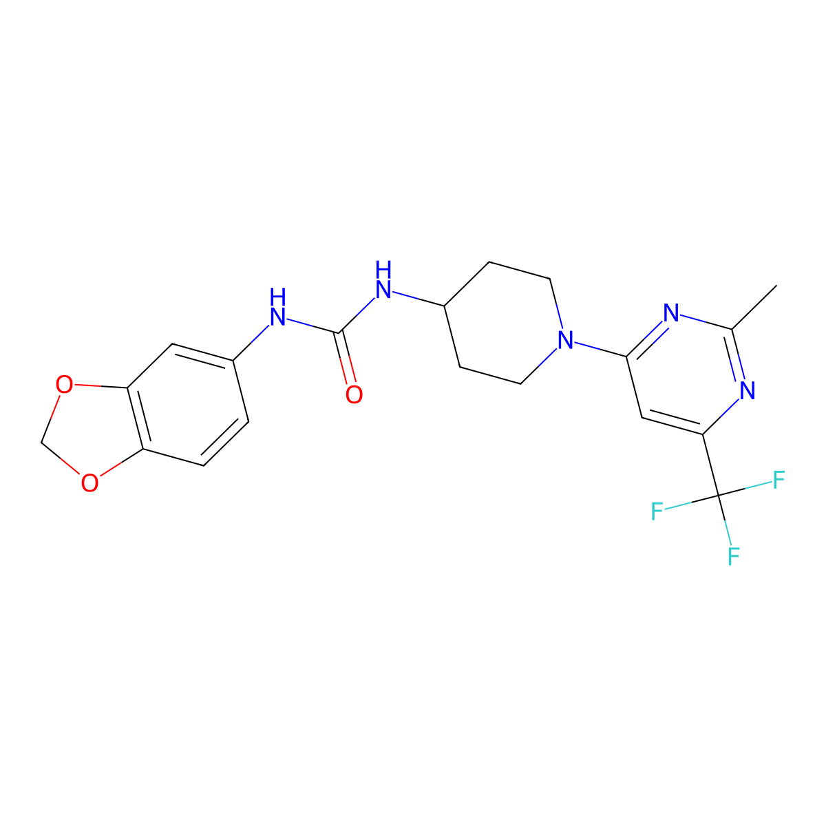 1-(Benzo[d][1,3]dioxol-5-yl)-3-(1-(2-methyl-6-(trifluoromethyl)pyrimidin-4-yl)piperidin-4-yl)urea molecular structure, CAS 2034260-05-2
