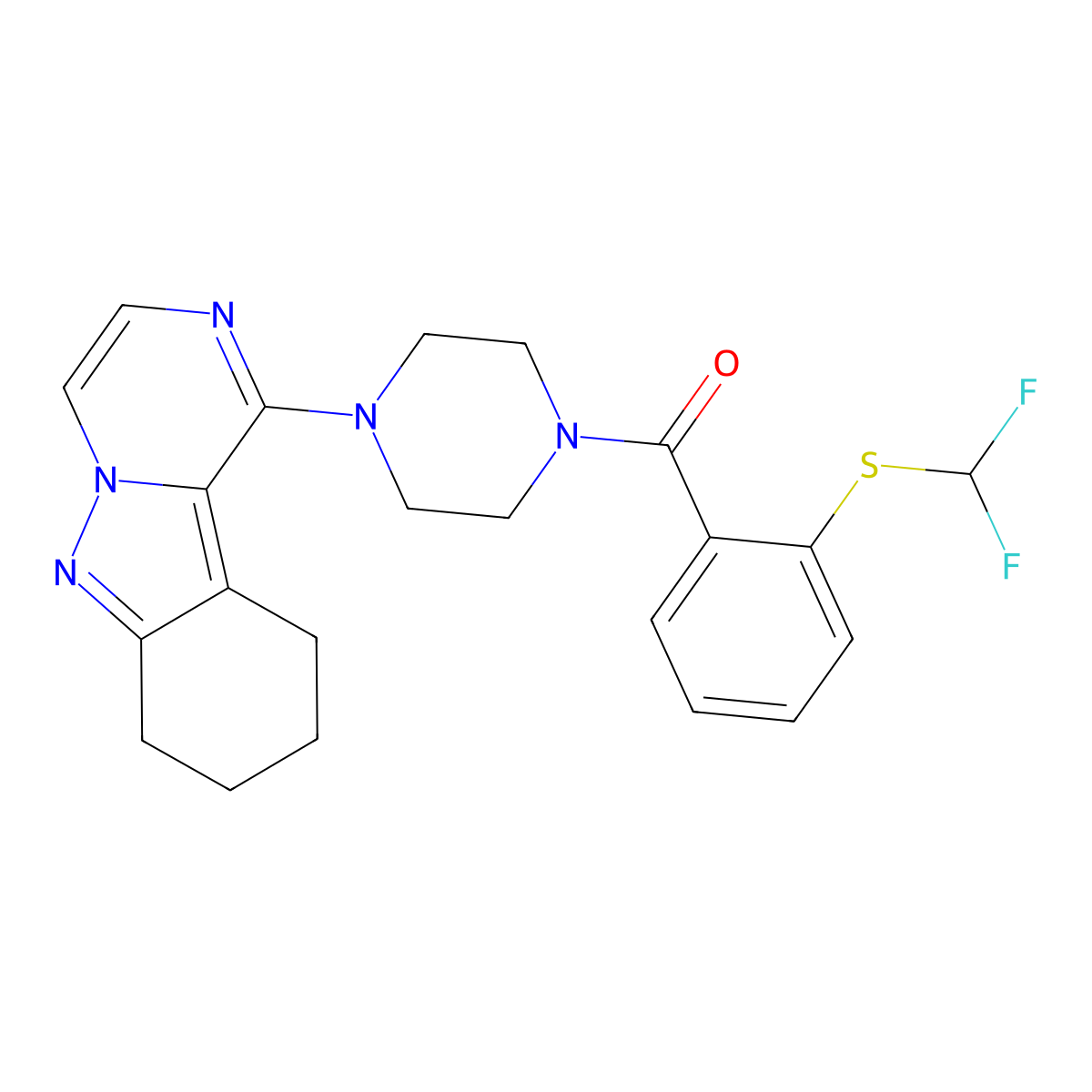 (2-((Difluoromethyl)thio)phenyl)(4-(7,8,9,10-tetrahydropyrazino[1,2-b]indazol-1-yl)piperazin-1-yl)methanone molecular structure, CAS 2034260-07-4