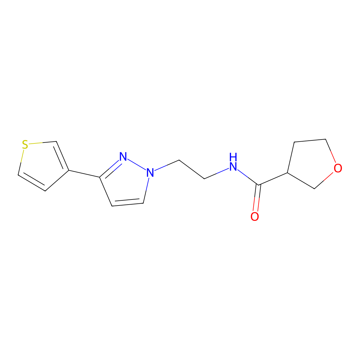 N-(2-(3-(thiophen-3-yl)-1H-pyrazol-1-yl)ethyl)tetrahydrofuran-3-carboxamide molecular structure, CAS 2034260-10-9