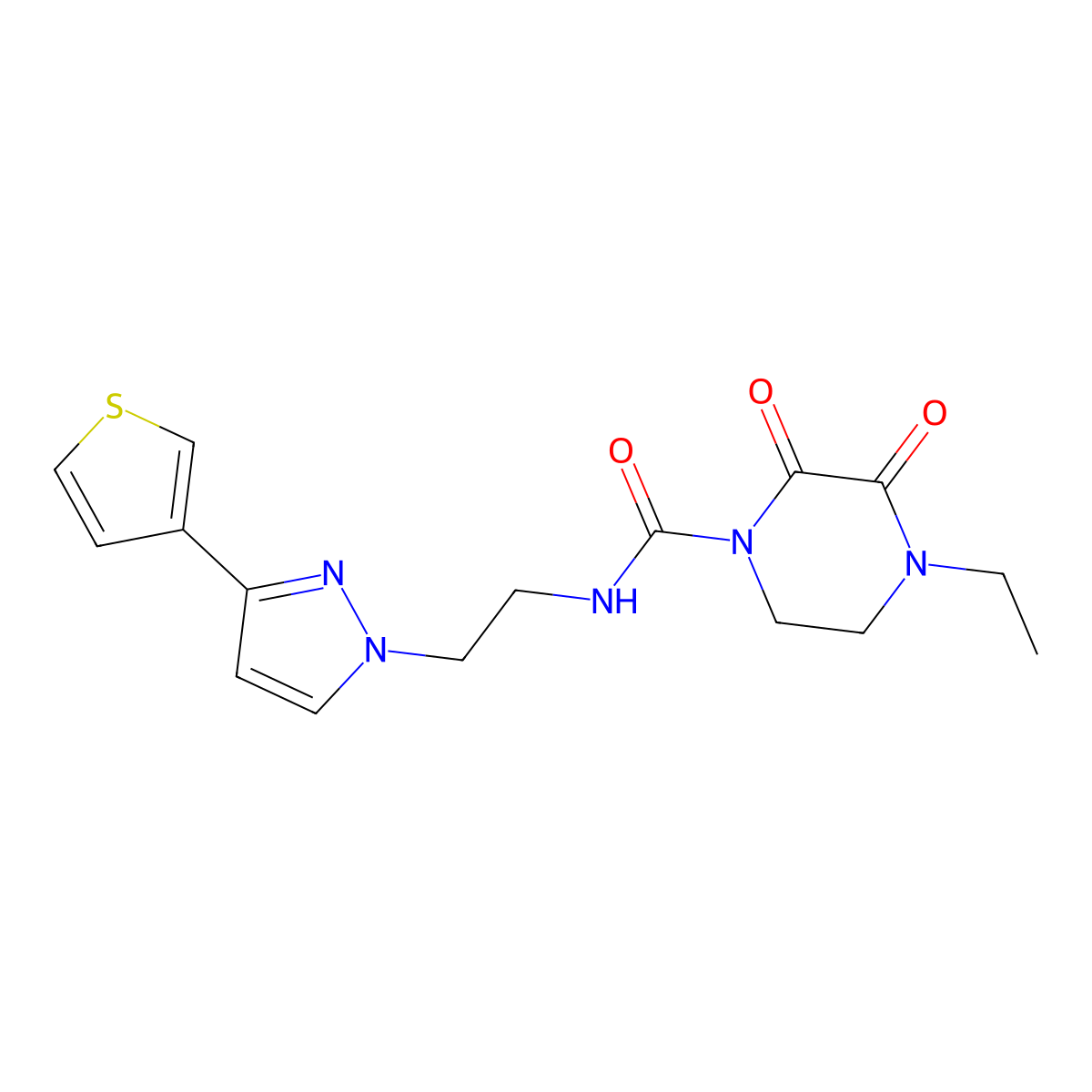 4-ethyl-2,3-dioxo-N-{2-[3-(thiophen-3-yl)-1H-pyrazol-1-yl]ethyl}piperazine-1-carboxamide molecular structure, CAS 2034260-20-1