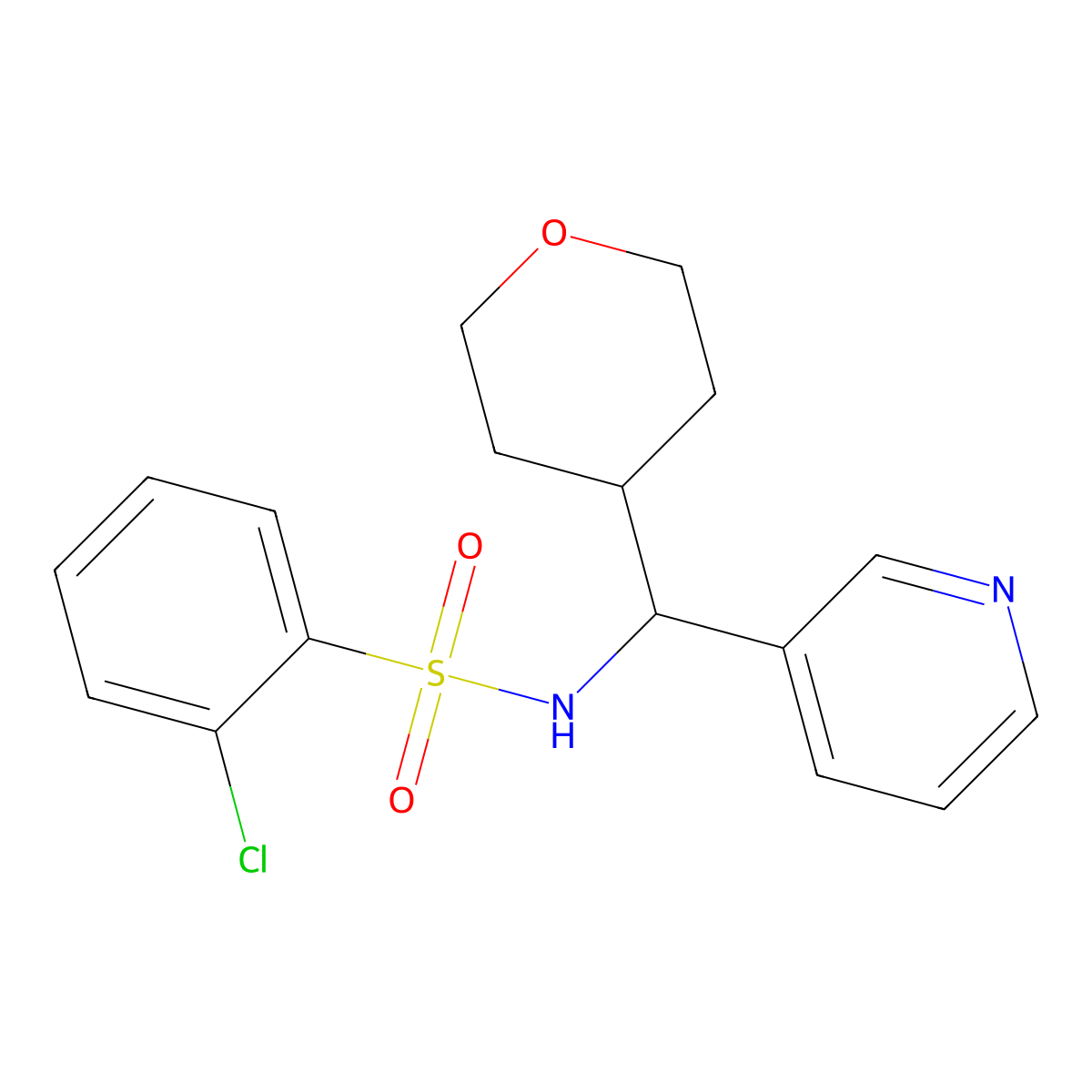 2-chloro-N-(pyridin-3-yl(tetrahydro-2H-pyran-4-yl)methyl)benzenesulfonamide molecular structure, CAS 2034260-27-8