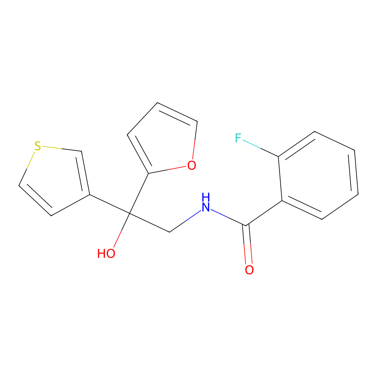 2-fluoro-N-(2-(furan-2-yl)-2-hydroxy-2-(thiophen-3-yl)ethyl)benzamide molecular structure, CAS 2034260-29-0