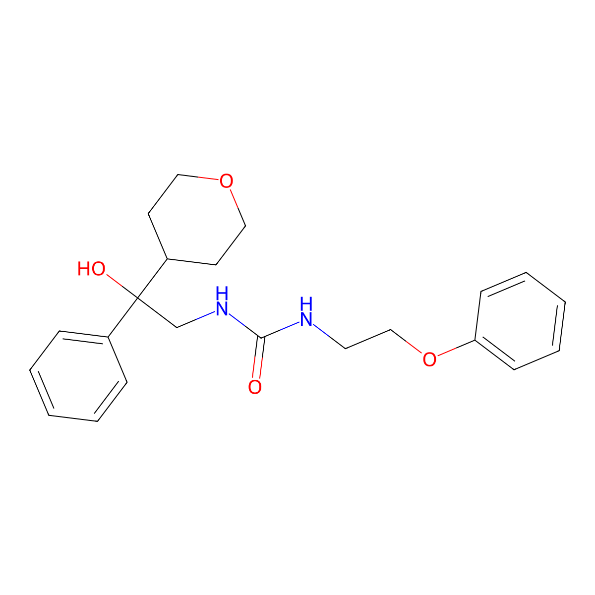1-(2-hydroxy-2-phenyl-2-(tetrahydro-2H-pyran-4-yl)ethyl)-3-(2-phenoxyethyl)urea molecular structure, CAS 2034260-34-7