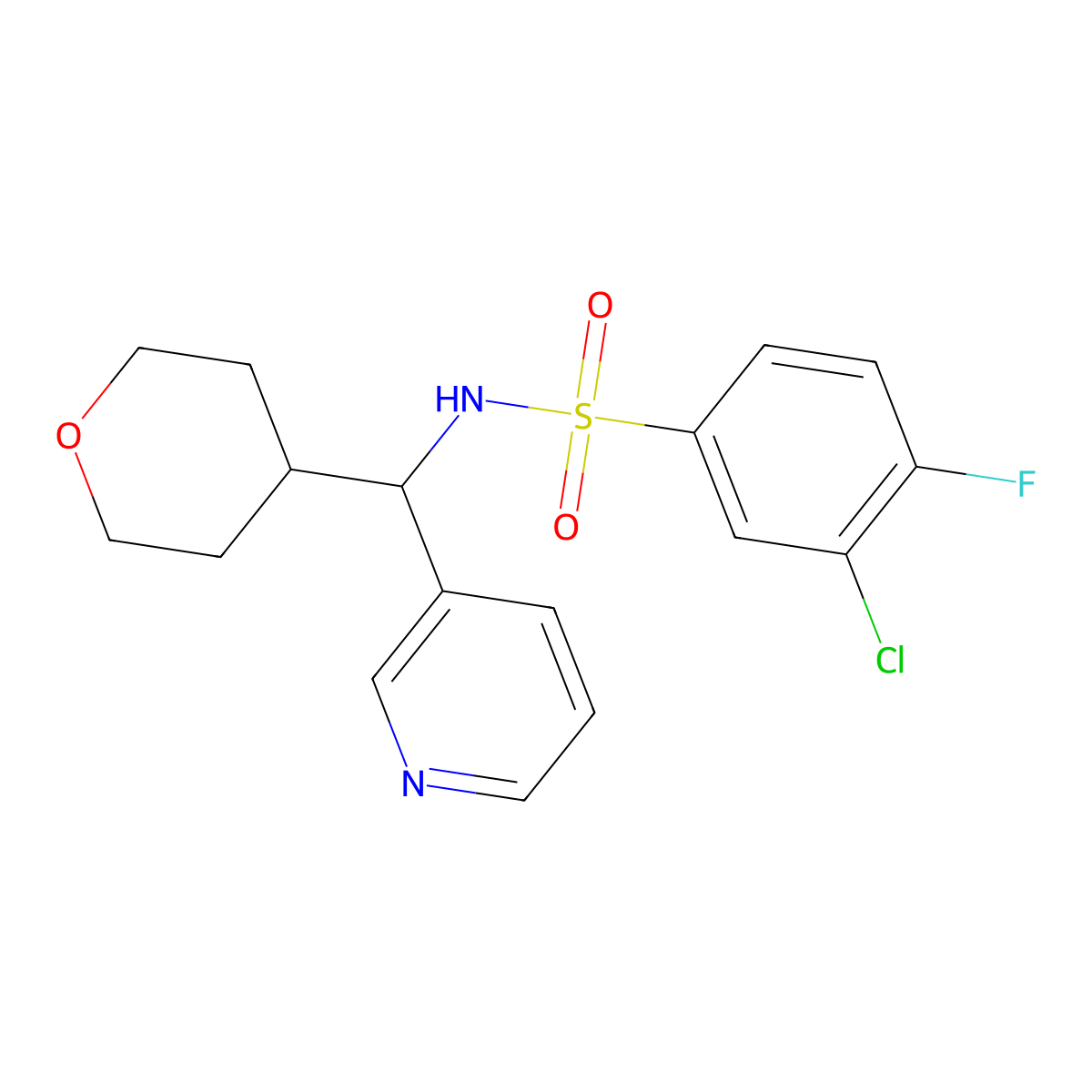3-chloro-4-fluoro-N-(pyridin-3-yl(tetrahydro-2H-pyran-4-yl)methyl)benzenesulfonamide molecular structure, CAS 2034260-36-9