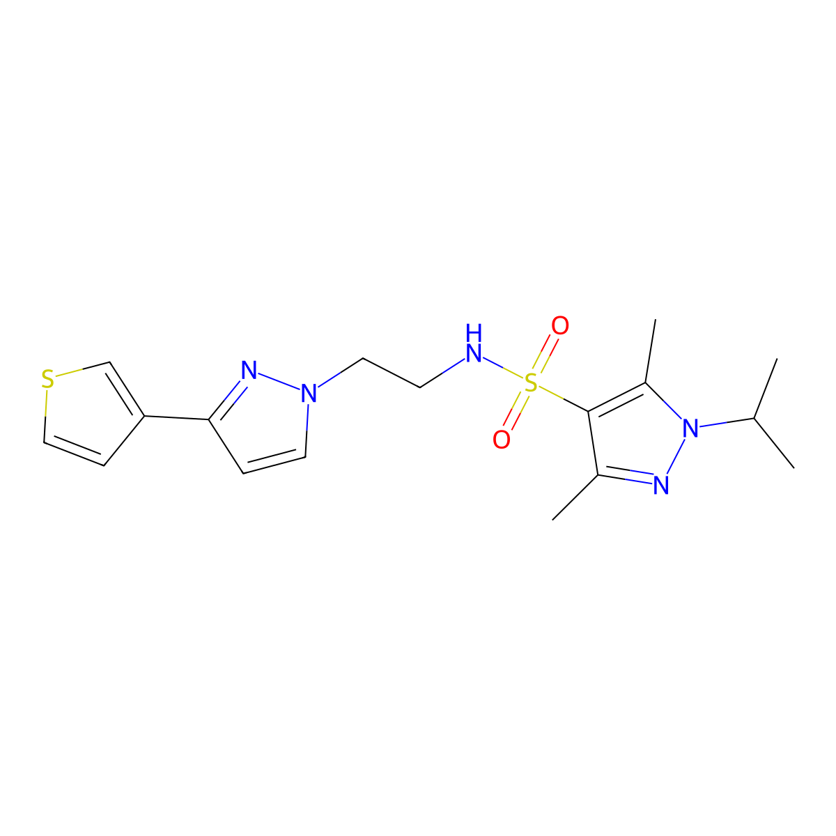 1-isopropyl-3,5-dimethyl-N-(2-(3-(thiophen-3-yl)-1H-pyrazol-1-yl)ethyl)-1H-pyrazole-4-sulfonamide molecular structure, CAS 2034260-40-5
