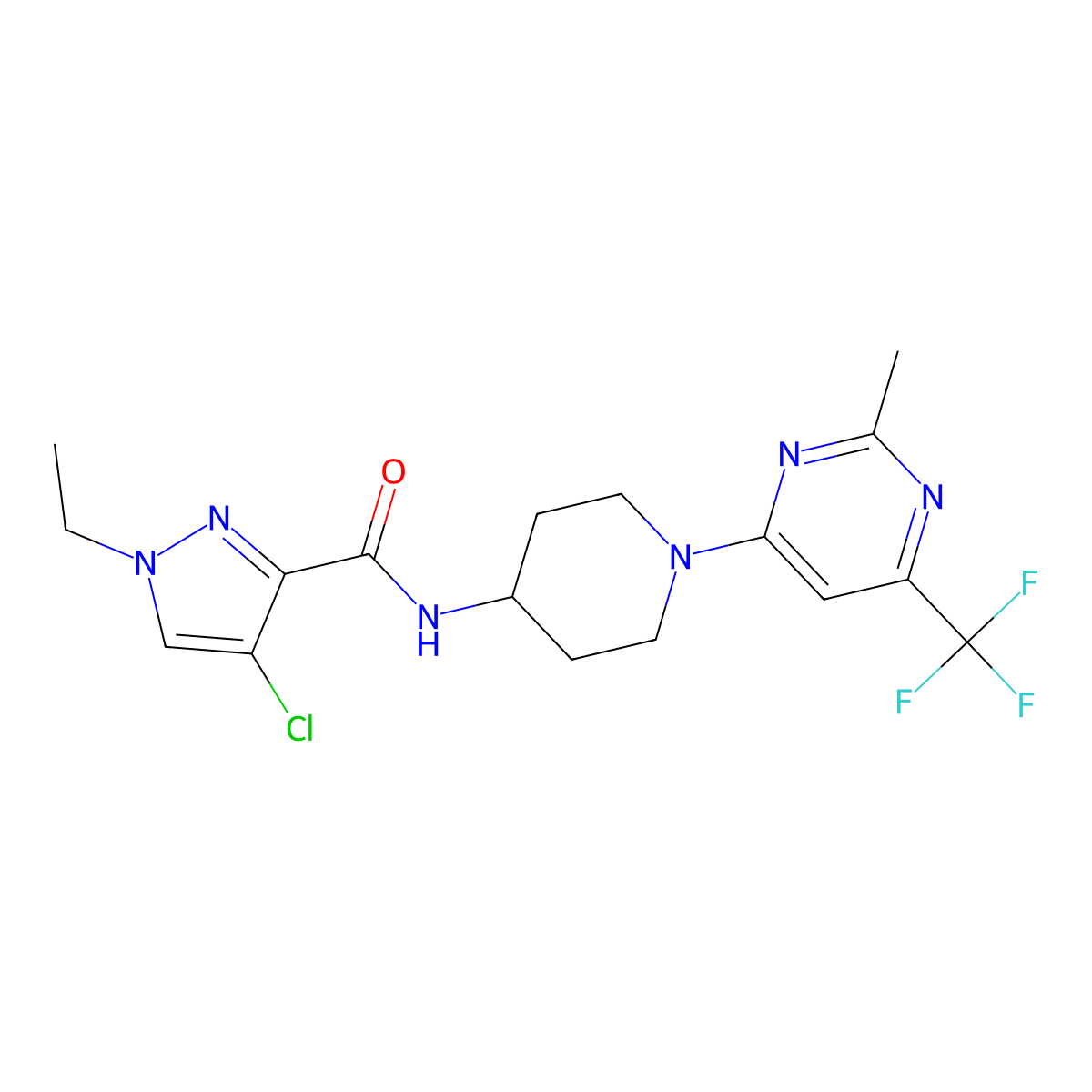 4-chloro-1-ethyl-N-(1-(2-methyl-6-(trifluoromethyl)pyrimidin-4-yl)piperidin-4-yl)-1H-pyrazole-3-carboxamide molecular structure, CAS 2034260-43-8