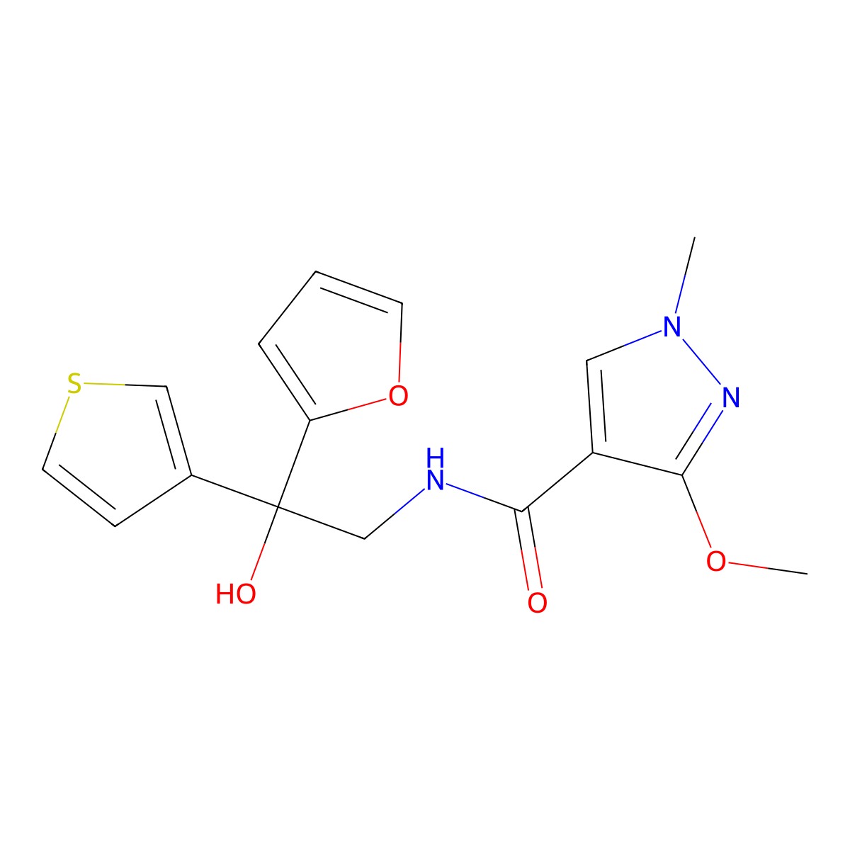 N-(2-(furan-2-yl)-2-hydroxy-2-(thiophen-3-yl)ethyl)-3-methoxy-1-methyl-1H-pyrazole-4-carboxamide molecular structure, CAS 2034260-45-0