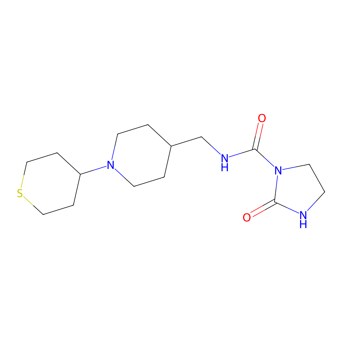 2-oxo-N-((1-(tetrahydro-2H-thiopyran-4-yl)piperidin-4-yl)methyl)imidazolidine-1-carboxamide molecular structure, CAS 2034260-54-1