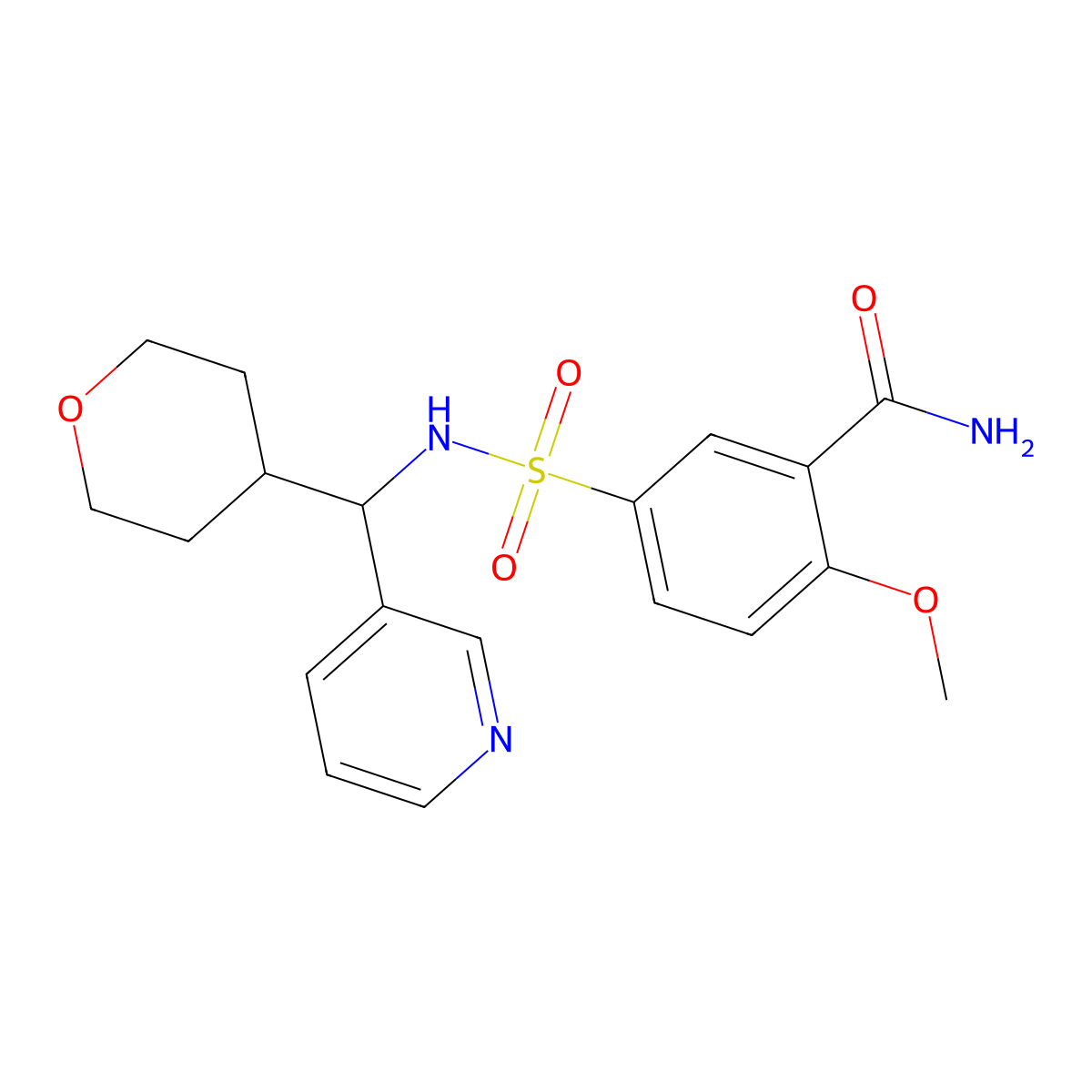 2-methoxy-5-(N-(pyridin-3-yl(tetrahydro-2H-pyran-4-yl)methyl)sulfamoyl)benzamide molecular structure, CAS 2034260-55-2
