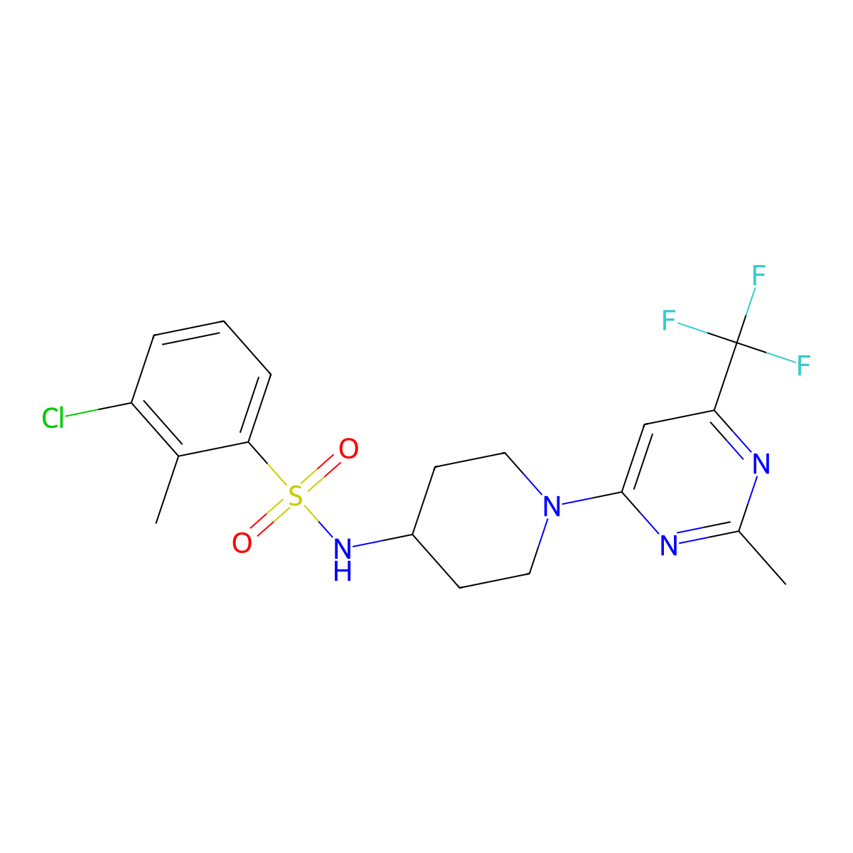 3-chloro-2-methyl-N-(1-(2-methyl-6-(trifluoromethyl)pyrimidin-4-yl)piperidin-4-yl)benzenesulfonamide molecular structure, CAS 2034260-59-6