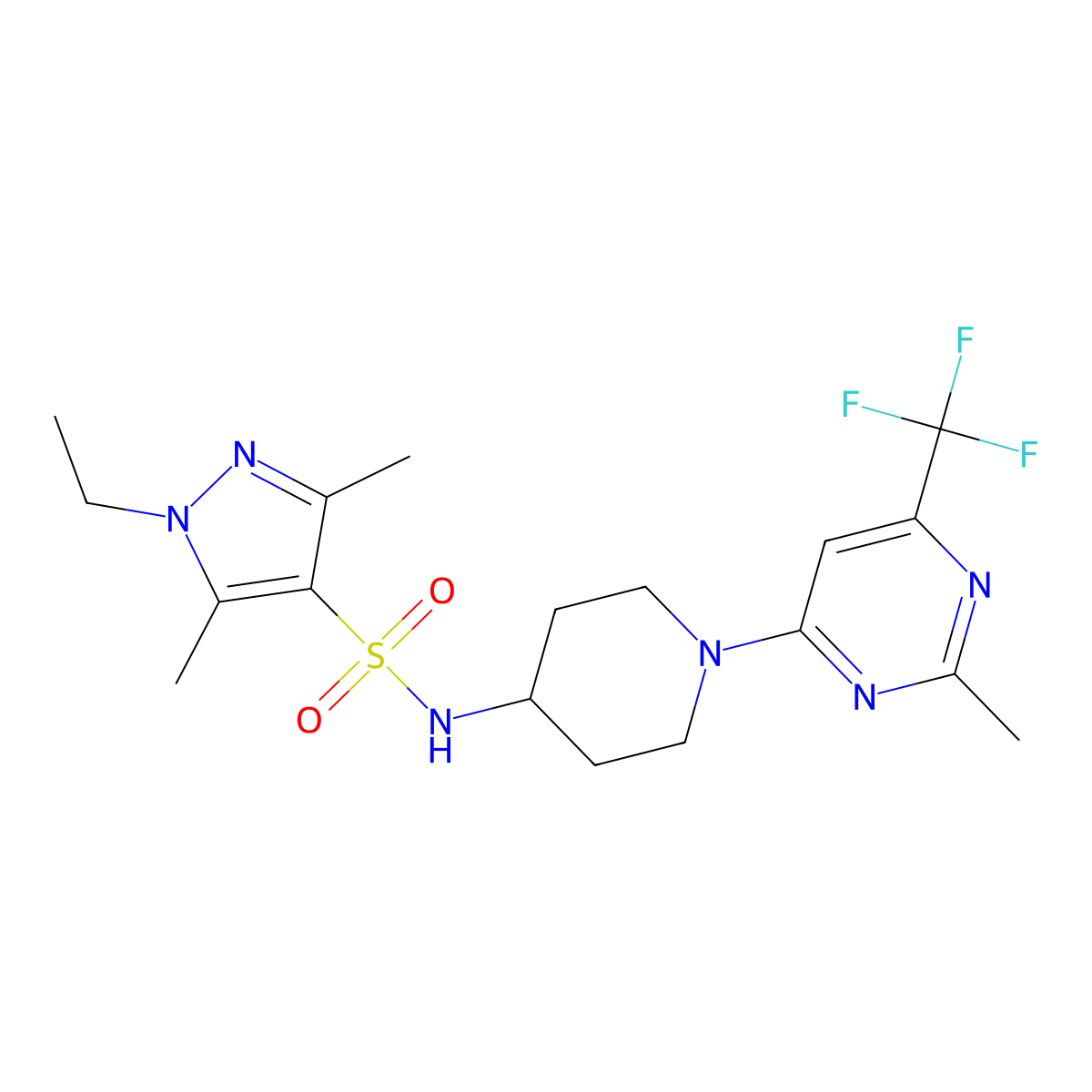 1-ethyl-3,5-dimethyl-N-{1-[2-methyl-6-(trifluoromethyl)pyrimidin-4-yl]piperidin-4-yl}-1H-pyrazole-4-sulfonamide molecular structure, CAS 2034260-64-3