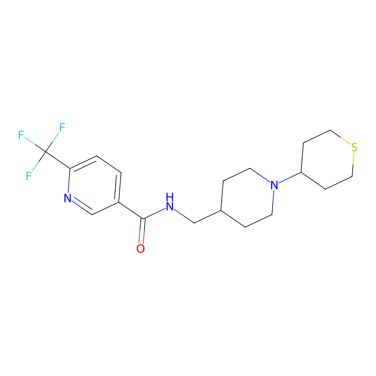 N-((1-(tetrahydro-2H-thiopyran-4-yl)piperidin-4-yl)methyl)-6-(trifluoromethyl)nicotinamide molecular structure, CAS 2034260-70-1