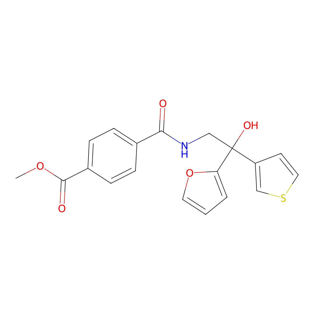 Methyl 4-((2-(furan-2-yl)-2-hydroxy-2-(thiophen-3-yl)ethyl)carbamoyl)benzoate molecular structure, CAS 2034260-74-5