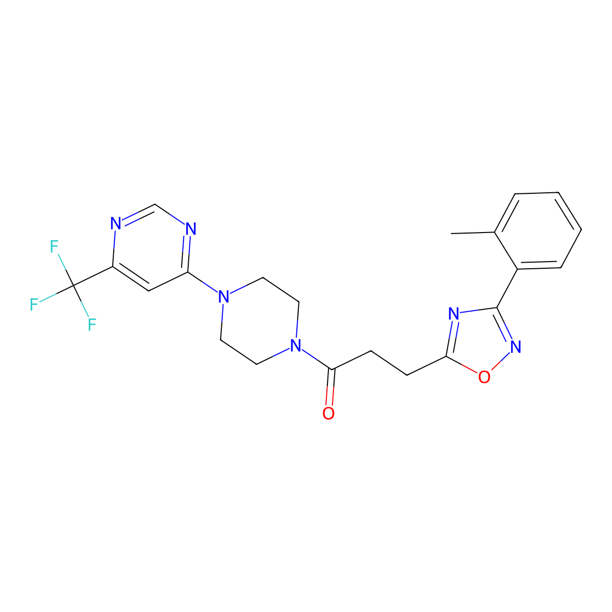 3-(3-(o-Tolyl)-1,2,4-oxadiazol-5-yl)-1-(4-(6-(trifluoromethyl)pyrimidin-4-yl)piperazin-1-yl)propan-1-one molecular structure, CAS 2034260-76-7
