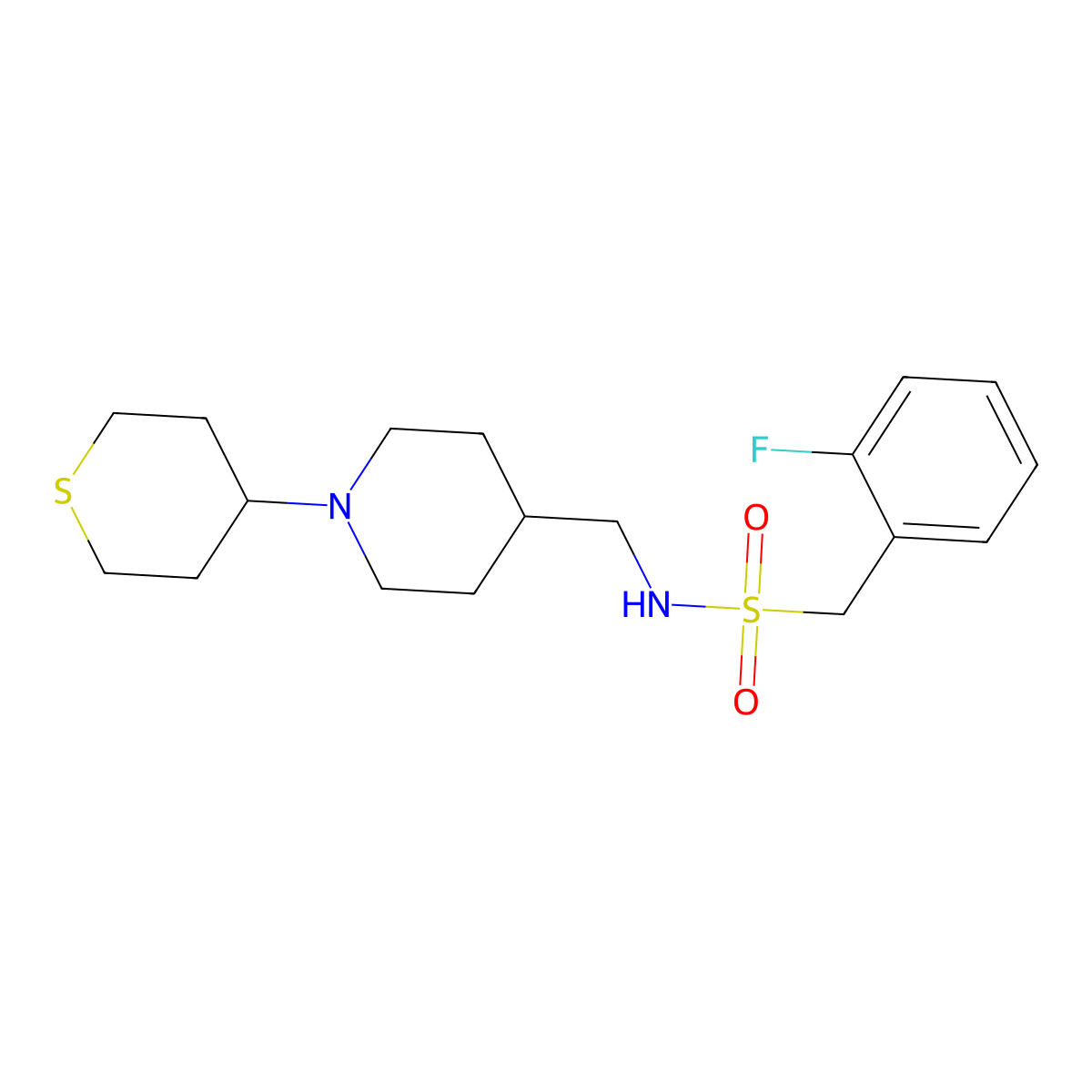 1-(2-fluorophenyl)-N-((1-(tetrahydro-2H-thiopyran-4-yl)piperidin-4-yl)methyl)methanesulfonamide molecular structure, CAS 2034260-77-8