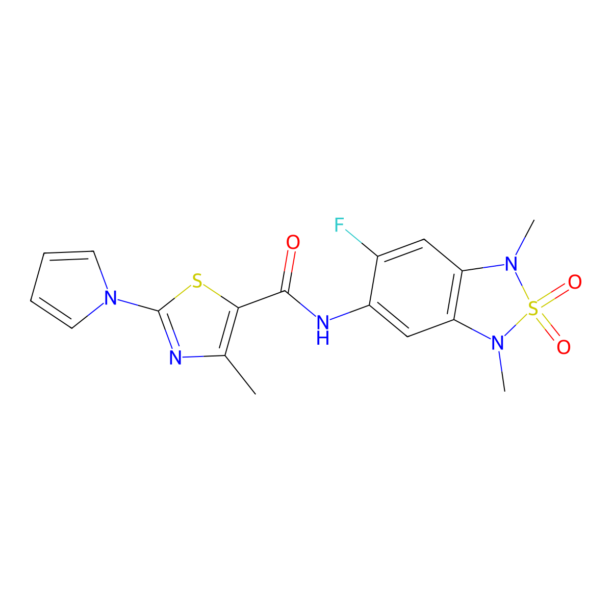 N-(6-fluoro-1,3-dimethyl-2,2-dioxido-1,3-dihydrobenzo[c][1,2,5]thiadiazol-5-yl)-4-methyl-2-(1H-pyrrol-1-yl)thiazole-5-carboxamide molecular structure, CAS 2034260-80-3