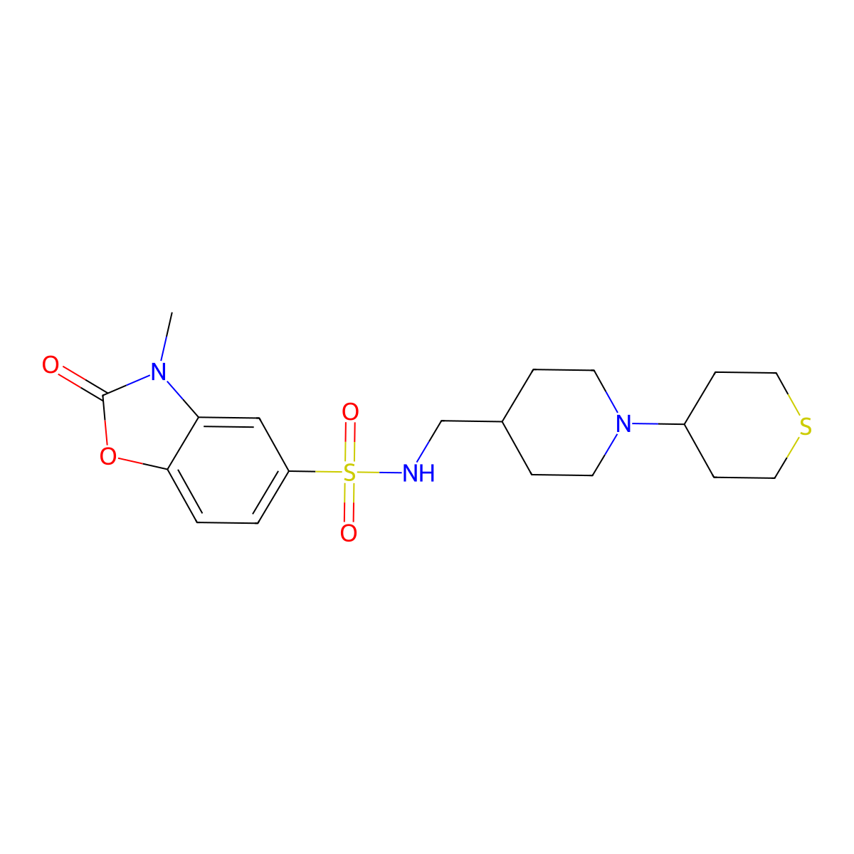 3-methyl-2-oxo-N-((1-(tetrahydro-2H-thiopyran-4-yl)piperidin-4-yl)methyl)-2,3-dihydrobenzo[d]oxazole-5-sulfonamide molecular structure, CAS 2034260-83-6