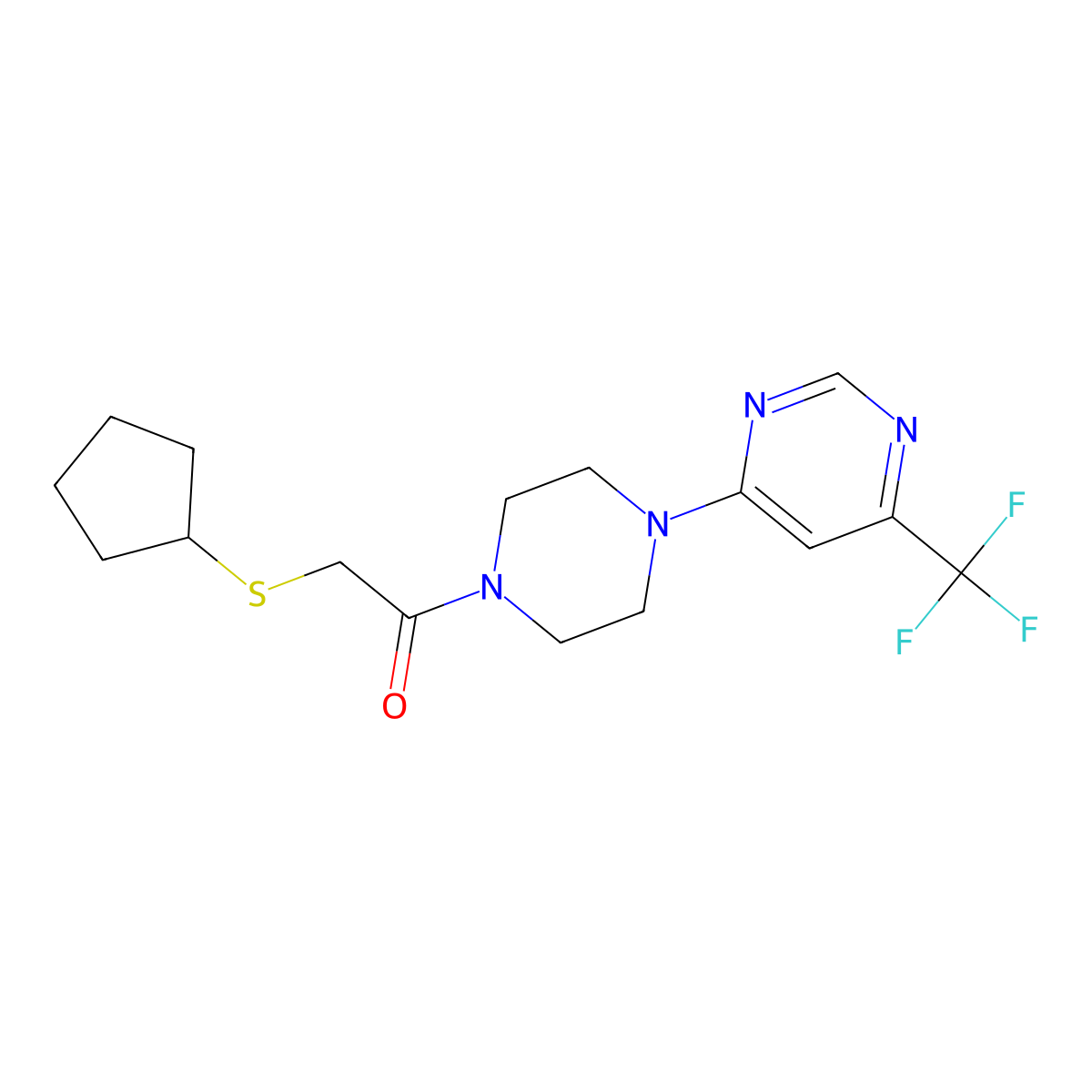 2-(Cyclopentylthio)-1-(4-(6-(trifluoromethyl)pyrimidin-4-yl)piperazin-1-yl)ethanone molecular structure, CAS 2034260-86-9