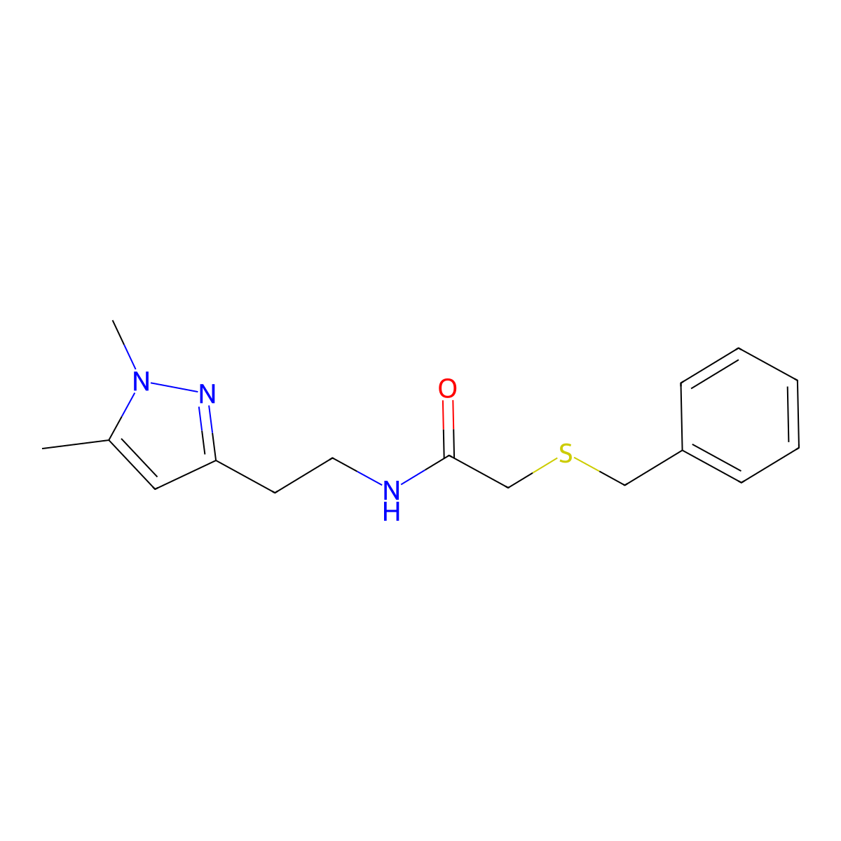 2-(benzylthio)-N-(2-(1,5-dimethyl-1H-pyrazol-3-yl)ethyl)acetamide molecular structure, CAS 2034260-88-1