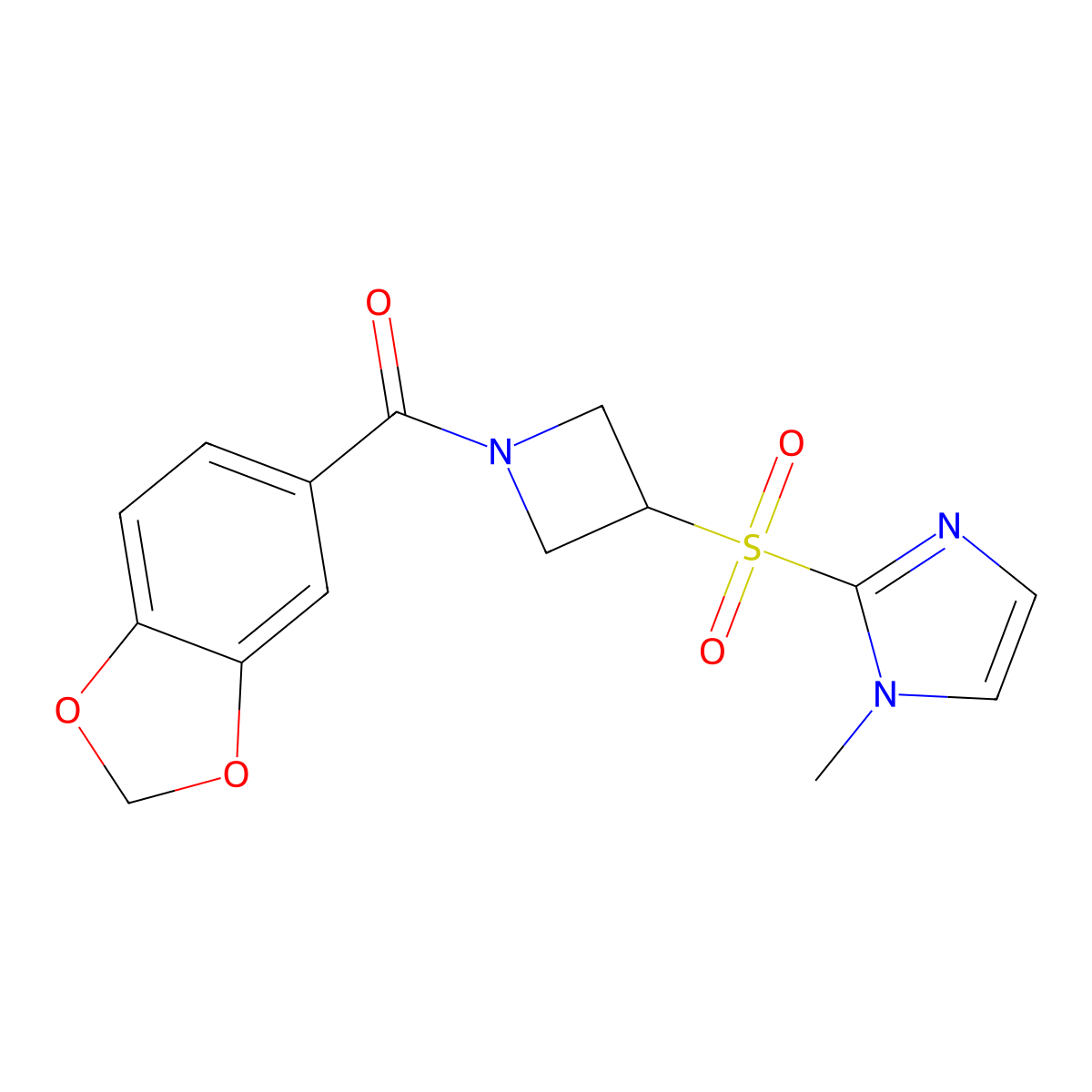 benzo[d][1,3]dioxol-5-yl(3-((1-methyl-1H-imidazol-2-yl)sulfonyl)azetidin-1-yl)methanone molecular structure, CAS 2034260-89-2