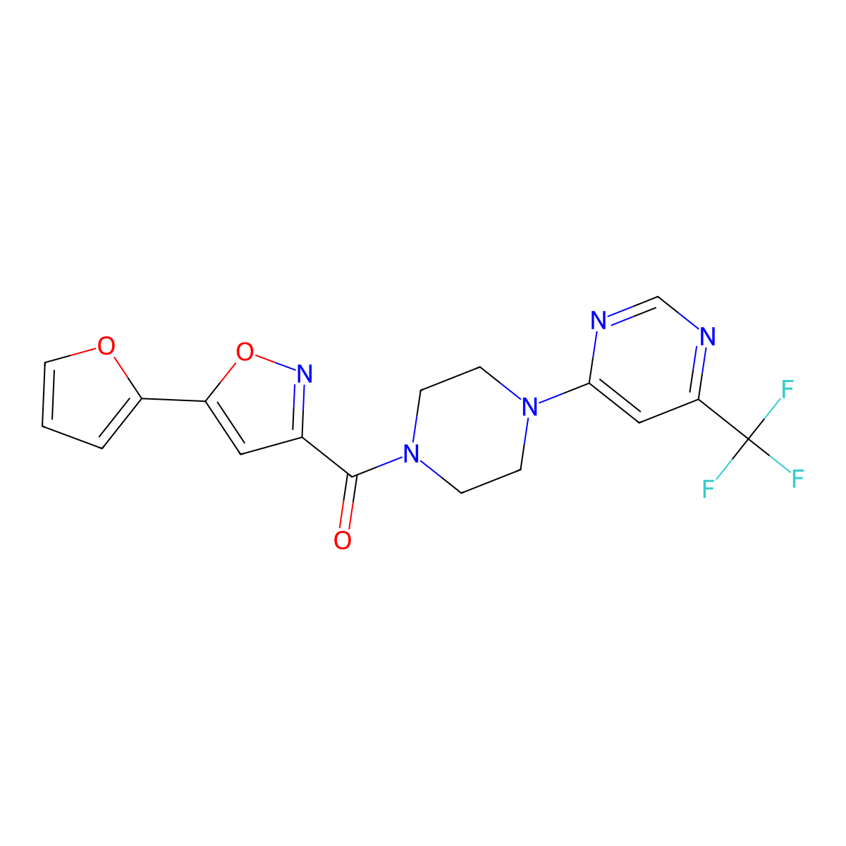 (5-(Furan-2-yl)isoxazol-3-yl)(4-(6-(trifluoromethyl)pyrimidin-4-yl)piperazin-1-yl)methanone molecular structure, CAS 2034260-94-9