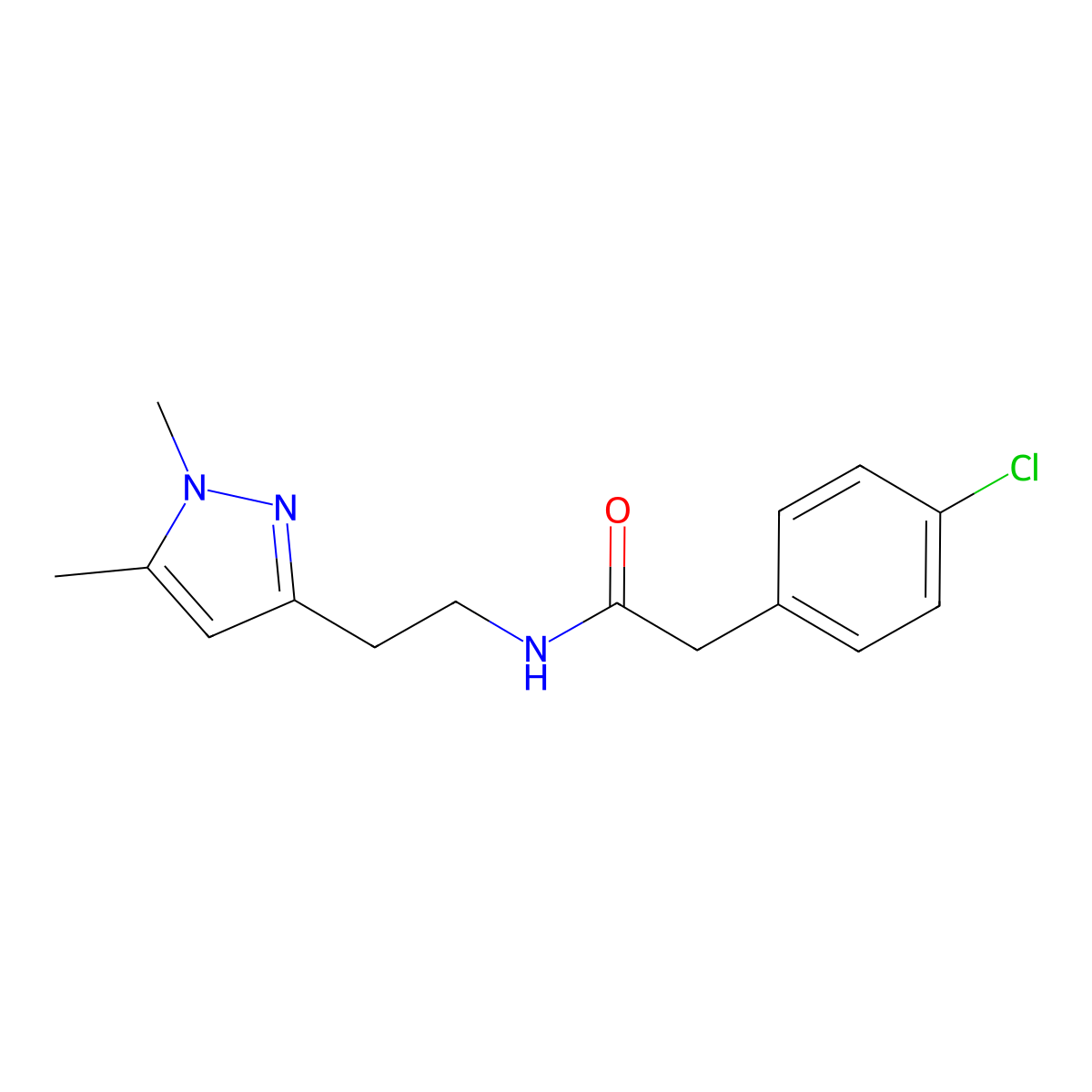 2-(4-chlorophenyl)-N-(2-(1,5-dimethyl-1H-pyrazol-3-yl)ethyl)acetamide molecular structure, CAS 2034261-00-0