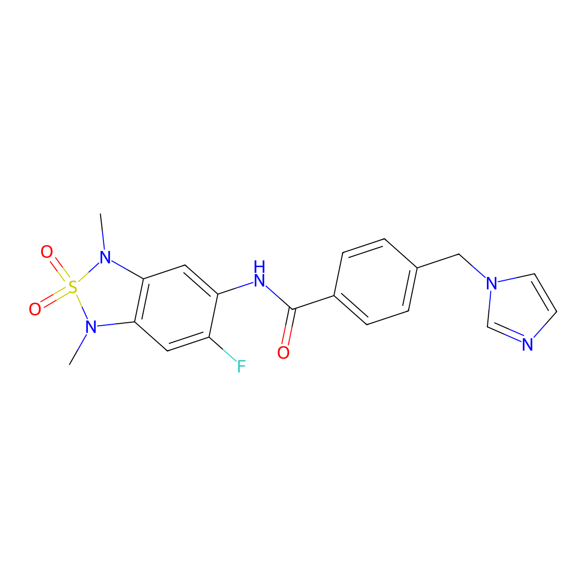 4-((1H-imidazol-1-yl)methyl)-N-(6-fluoro-1,3-dimethyl-2,2-dioxido-1,3-dihydrobenzo[c][1,2,5]thiadiazol-5-yl)benzamide molecular structure, CAS 2034261-03-3