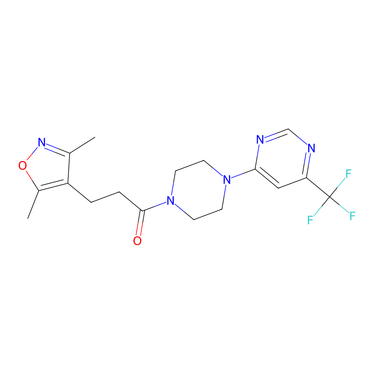 3-(3,5-Dimethylisoxazol-4-yl)-1-(4-(6-(trifluoromethyl)pyrimidin-4-yl)piperazin-1-yl)propan-1-one molecular structure, CAS 2034261-09-9
