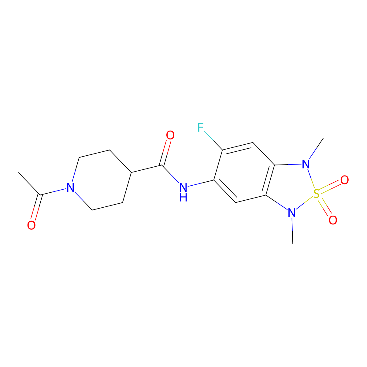 1-acetyl-N-(6-fluoro-1,3-dimethyl-2,2-dioxido-1,3-dihydrobenzo[c][1,2,5]thiadiazol-5-yl)piperidine-4-carboxamide molecular structure, CAS 2034261-13-5