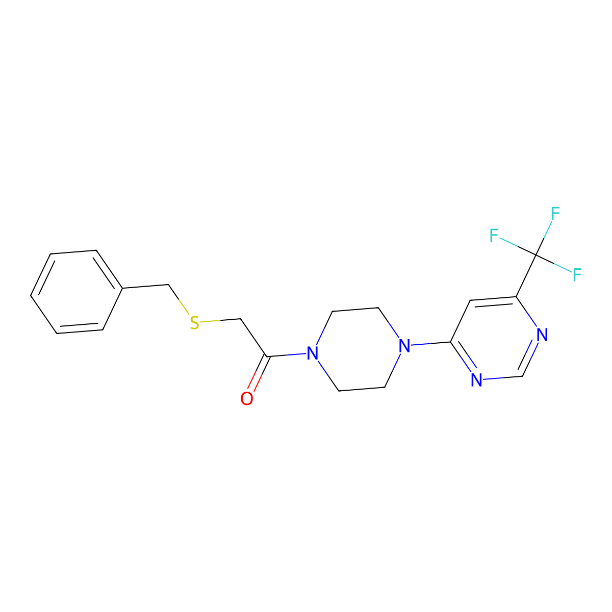 2-(Benzylthio)-1-(4-(6-(trifluoromethyl)pyrimidin-4-yl)piperazin-1-yl)ethanone molecular structure, CAS 2034261-18-0