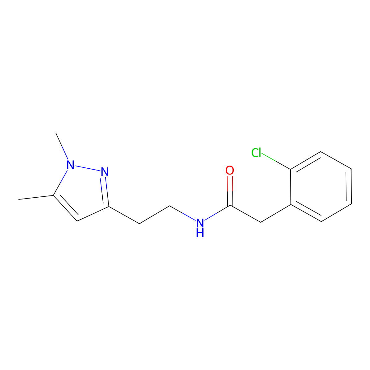 2-(2-chlorophenyl)-N-(2-(1,5-dimethyl-1H-pyrazol-3-yl)ethyl)acetamide molecular structure, CAS 2034261-21-5