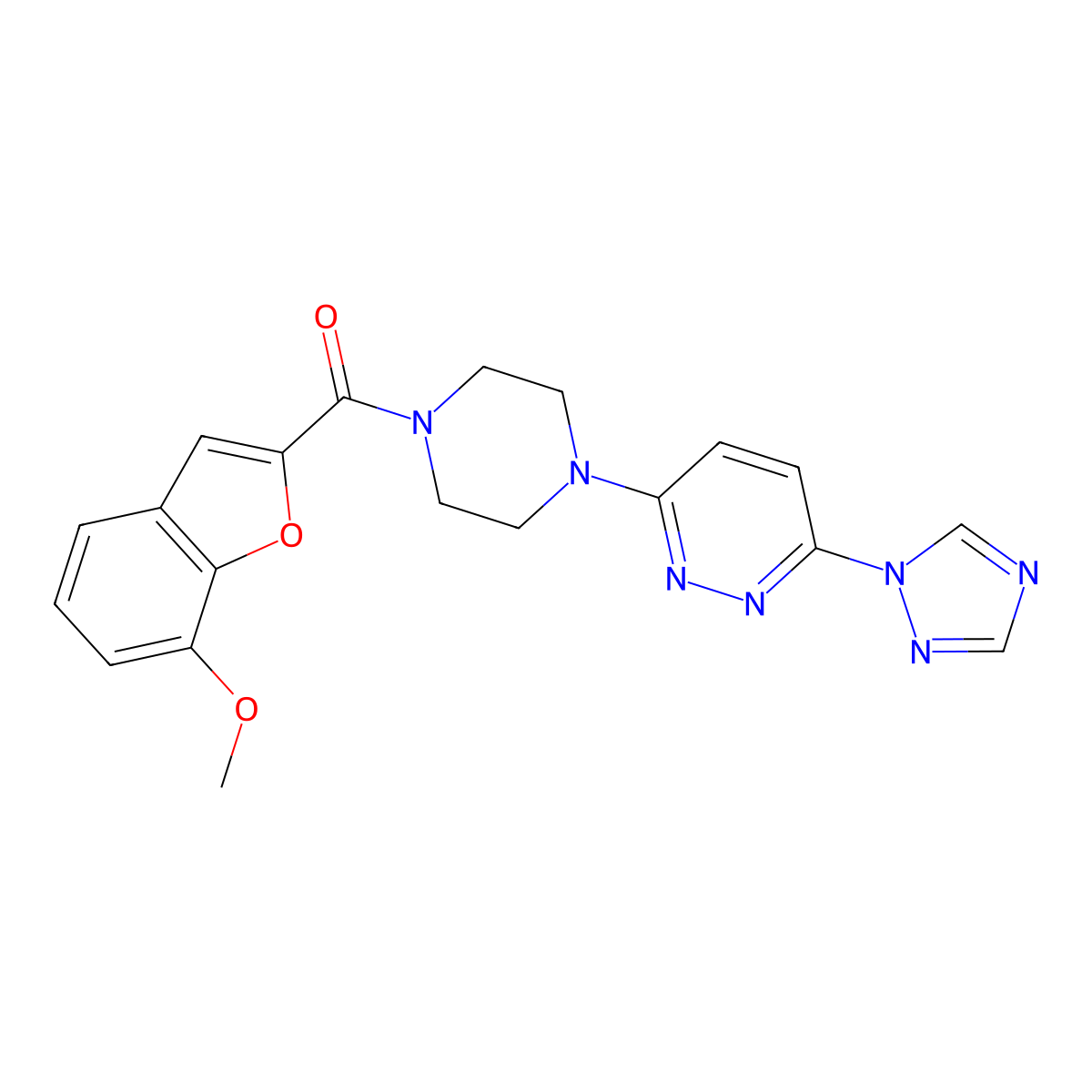 (4-(6-(1H-1,2,4-triazol-1-yl)pyridazin-3-yl)piperazin-1-yl)(7-methoxybenzofuran-2-yl)methanone molecular structure, CAS 2034261-24-8